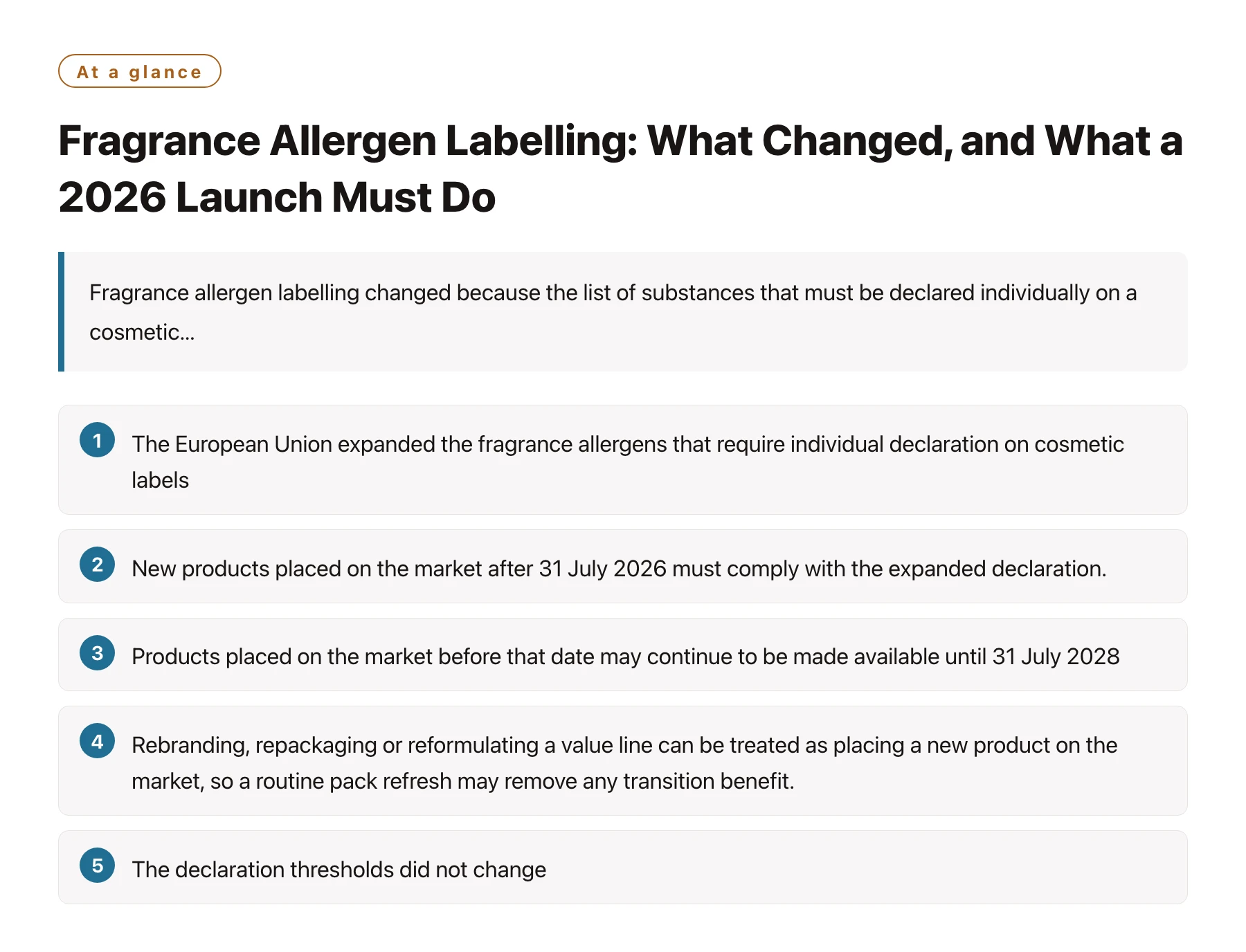 Fragrance Allergen Labelling: What Changed, and What a 2026 Launch Must Do——全文要点速览